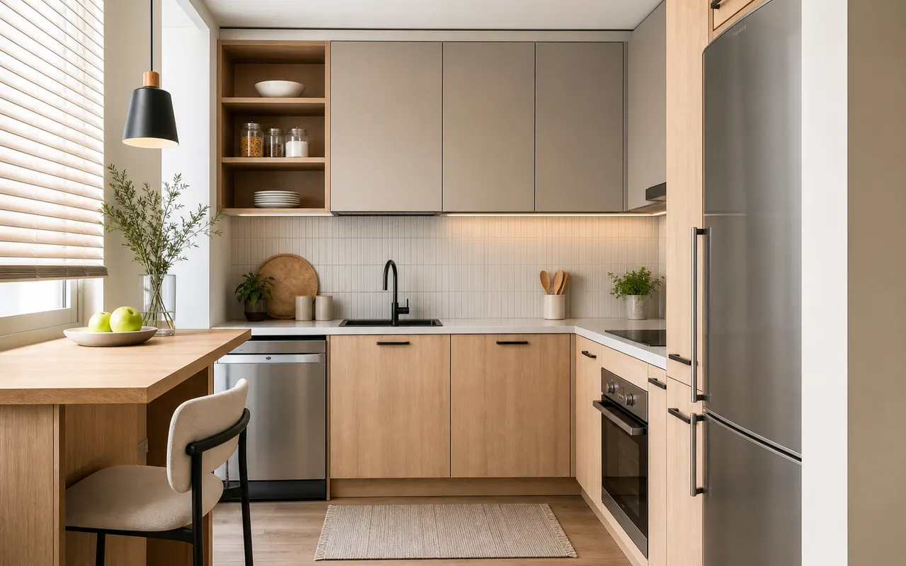 Compact condo kitchen with efficient cabinet storage.