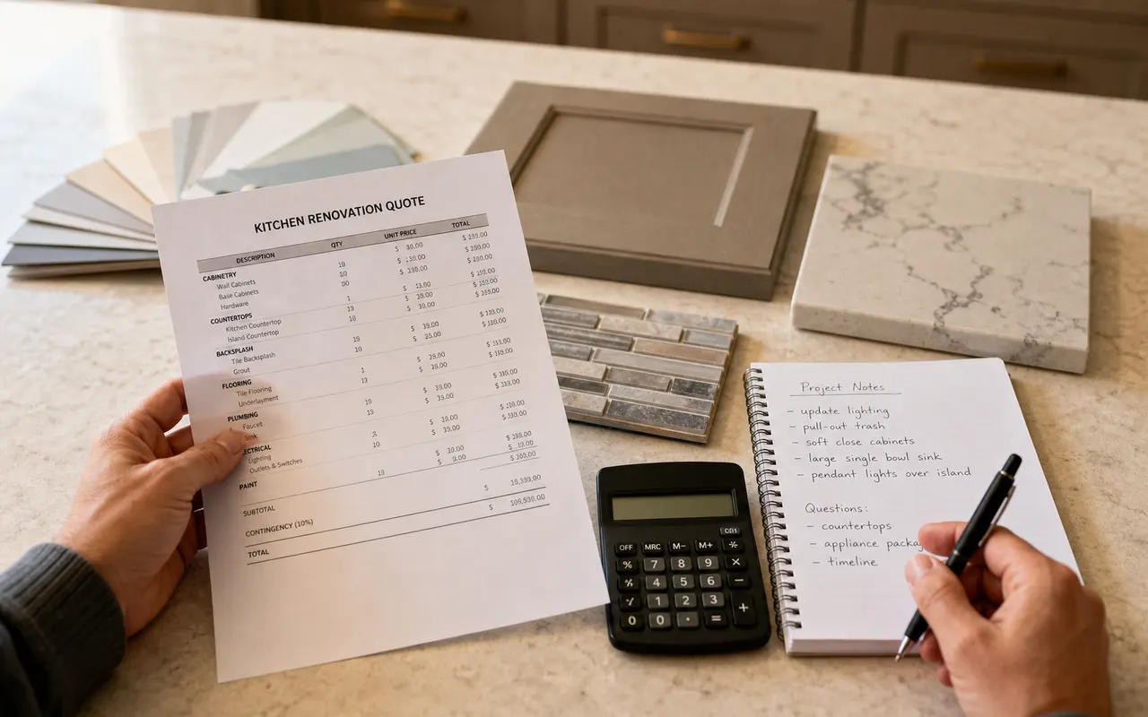 Homeowner reviewing kitchen renovation quote and material samples.