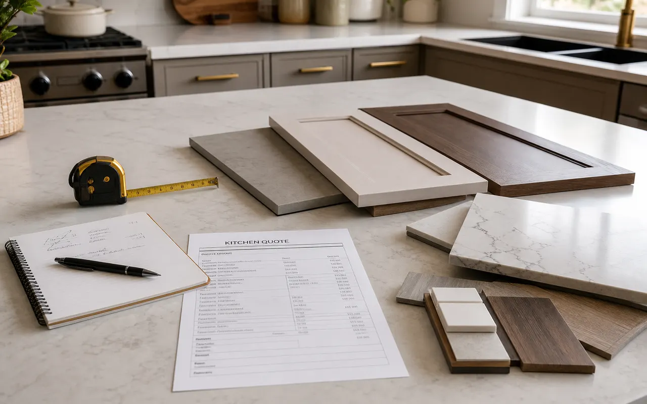 Cabinet door and countertop samples on a kitchen island.