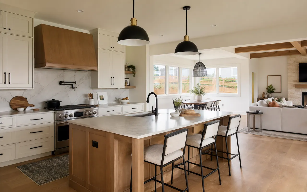 Bright open-concept kitchen with warm wood island.