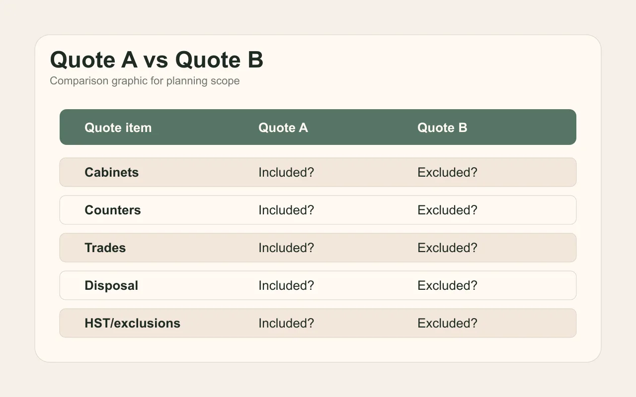Kitchen renovation quote comparison checklist.