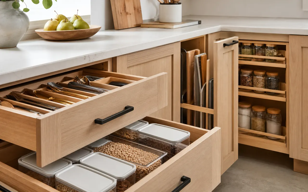 Kitchen cabinet storage and refacing planning example.