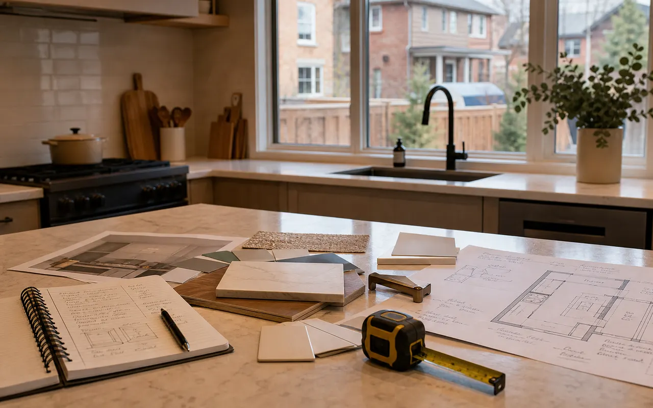 Toronto kitchen renovation planning materials on a kitchen island.